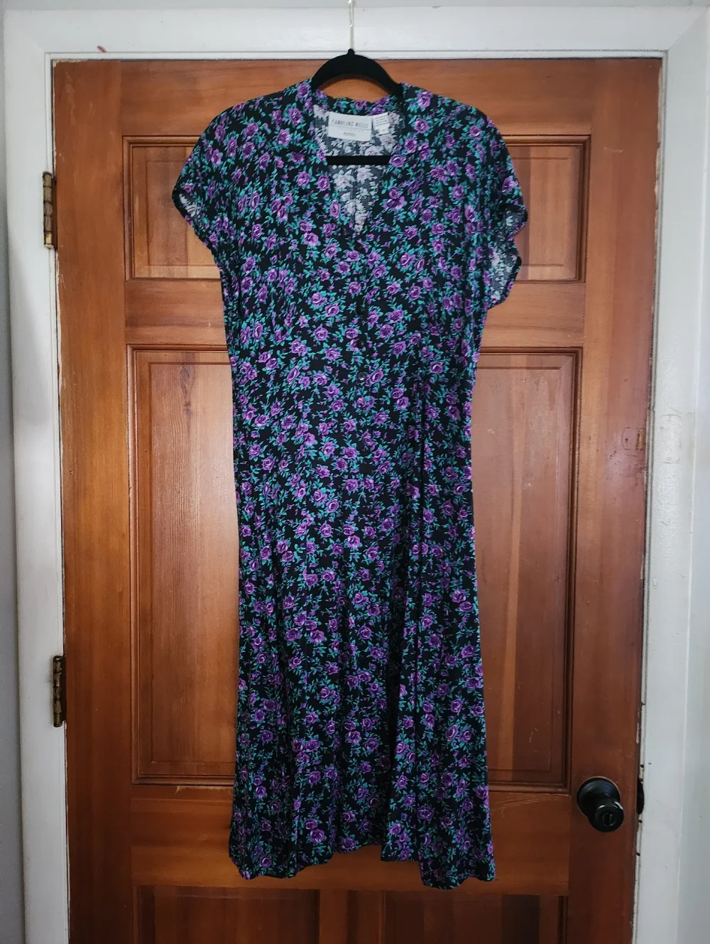 Vintage 90's Floral Button Front Midi Dress in Black with Purple & Teal Flowers - Picture 2 of 8
